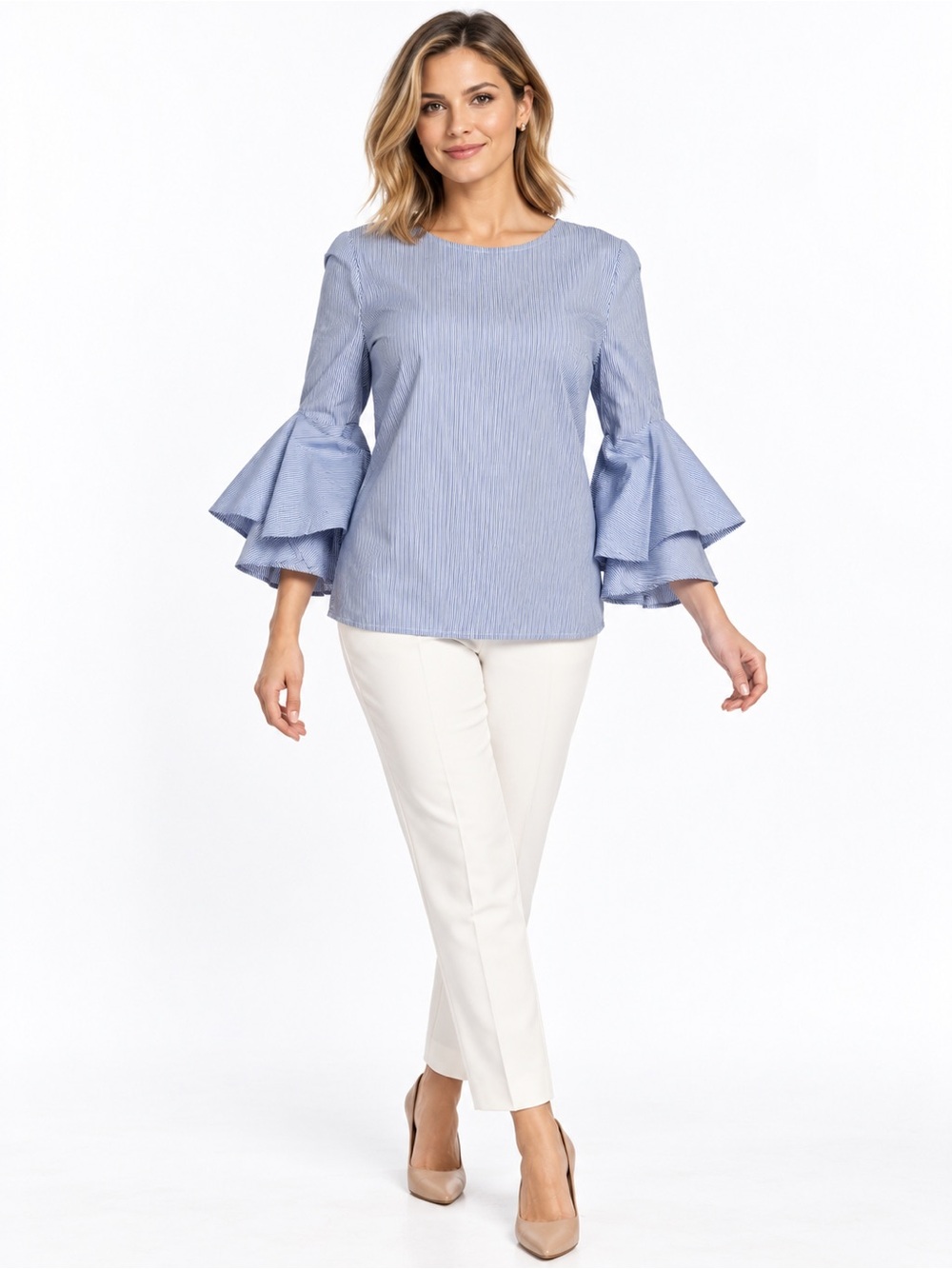 Chelsea28 Blue White Striped Button Back Office Siren Bell Sleeve Blouse Size M